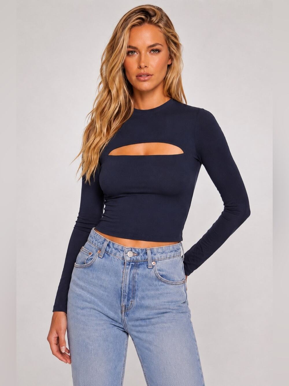 Susana Monaco Midnight Navy Blue Crew Slit Long Sleeve Cutout Top NWT Medium